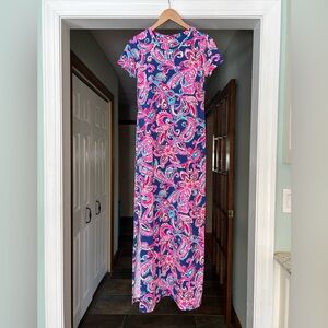 Lilly Pulitzer Nylon Short Sleeveeve Round Neck Maxi Dress Sz S Colorful Print